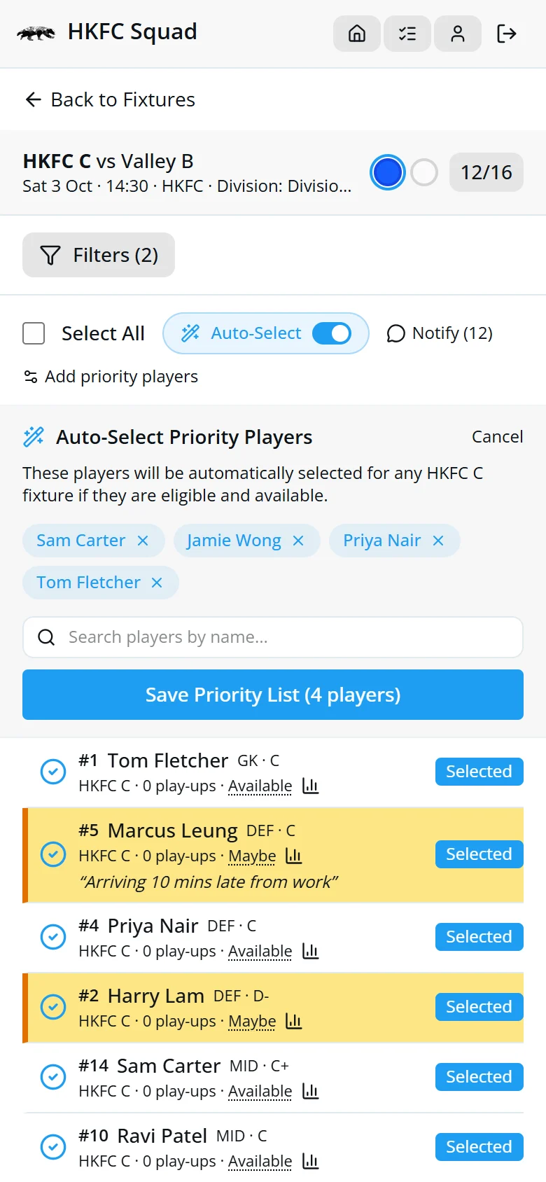 The Auto-Select Priority Players panel with four players chosen and a Save Priority List button