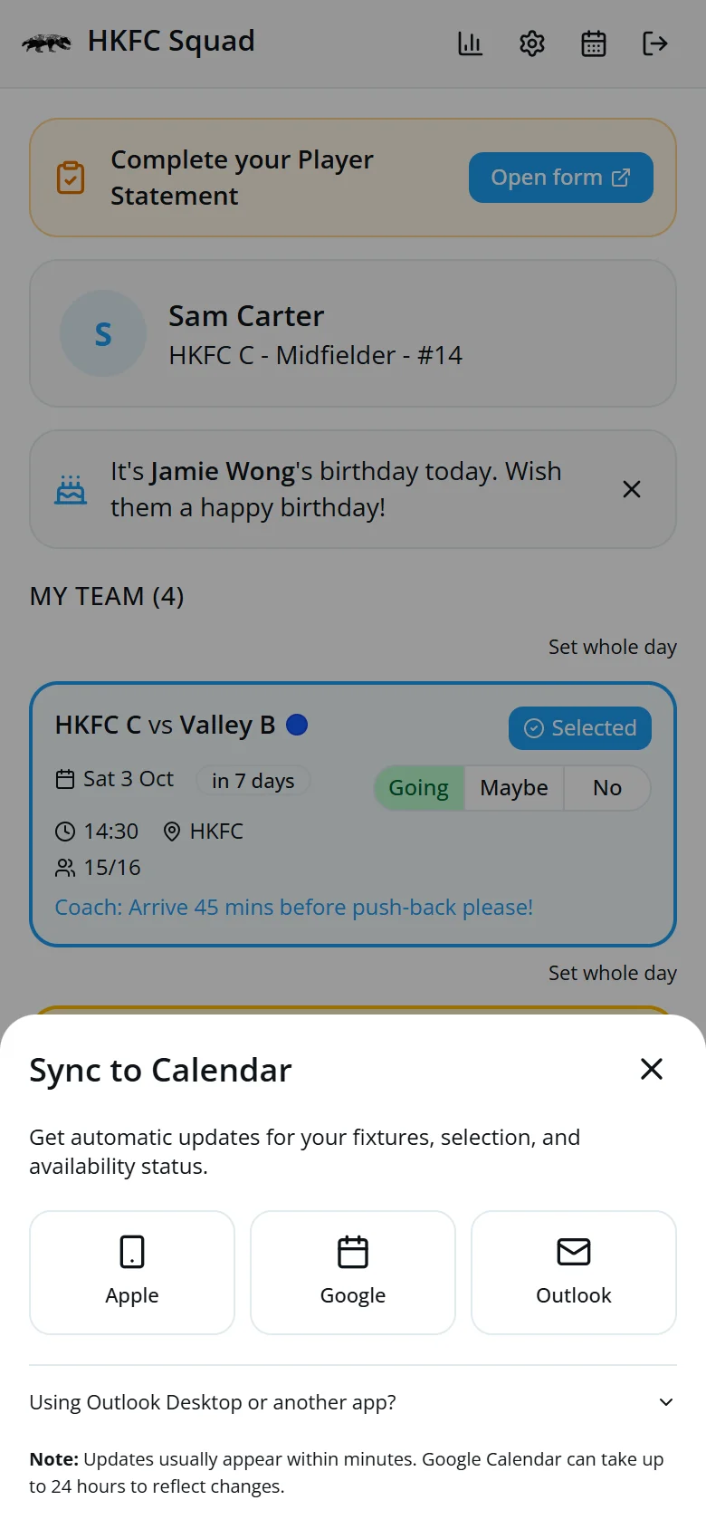 The Sync to Calendar sheet with Apple, Google and Outlook buttons