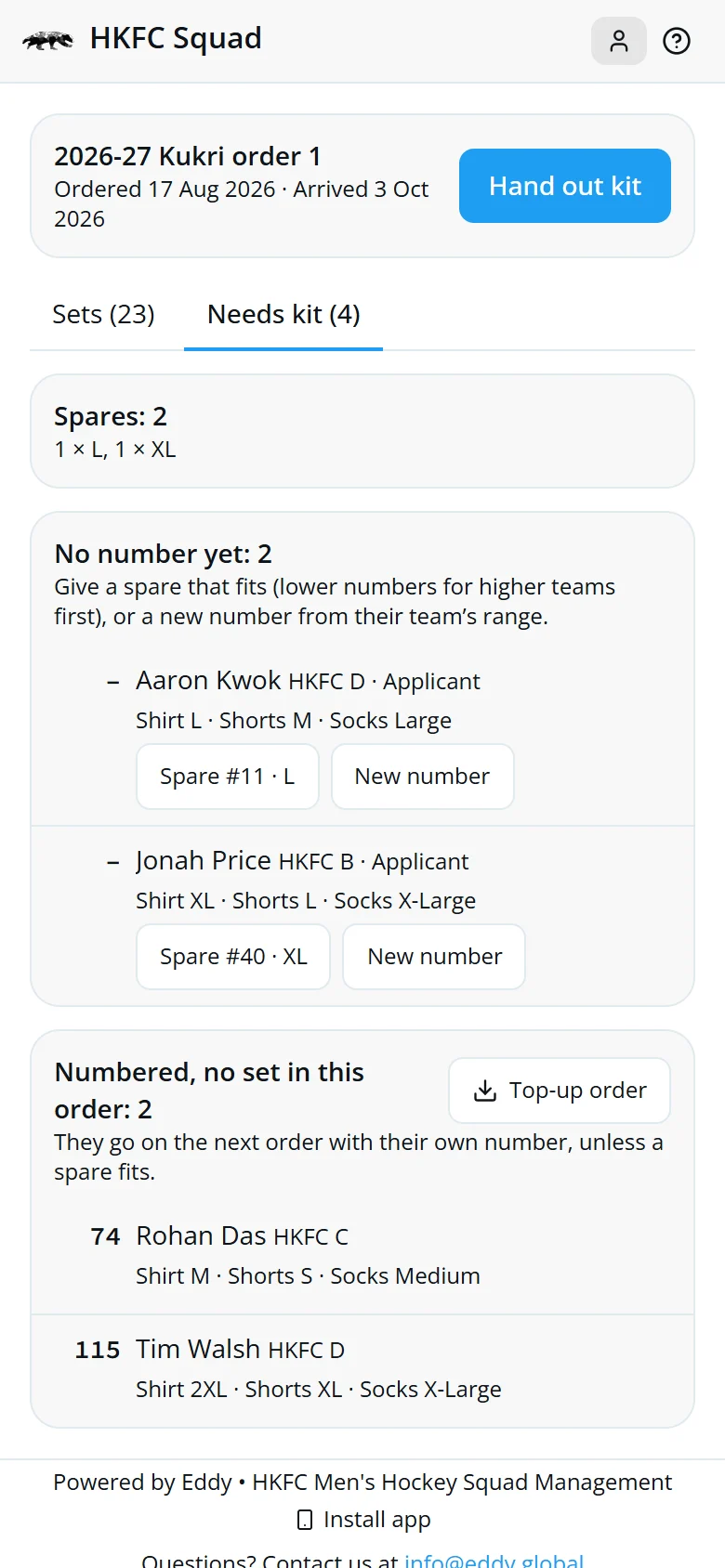 The Needs kit tab with spares that fit two joiners and the top-up order list