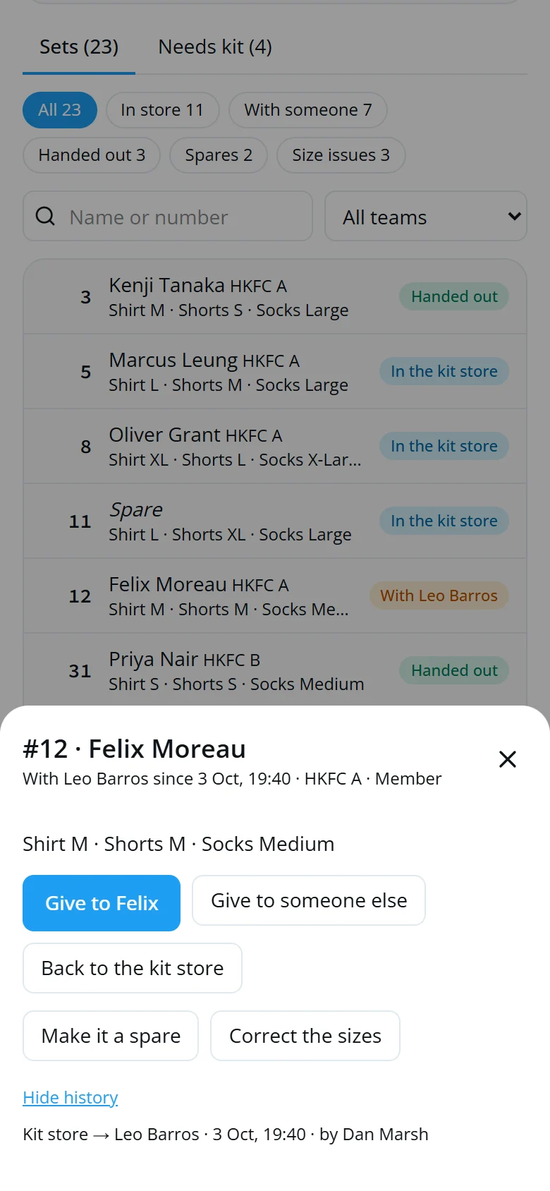 A set held by Leo Barros for Felix Moreau, with the actions and its history