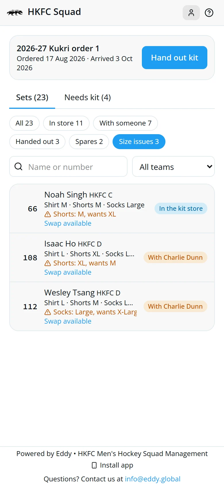 The Size issues filter showing sets whose owner wants a different size, with Swap available