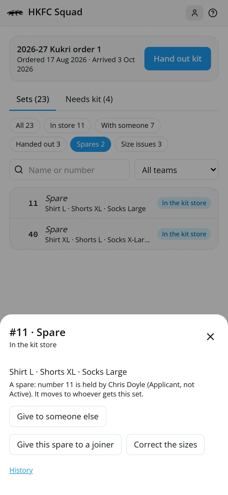 A spare set whose number is held by an applicant who isn't Active