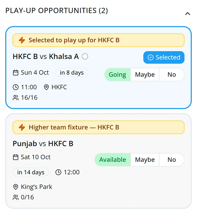 Play-Up Opportunities, including one where the player is selected to play up for HKFC B