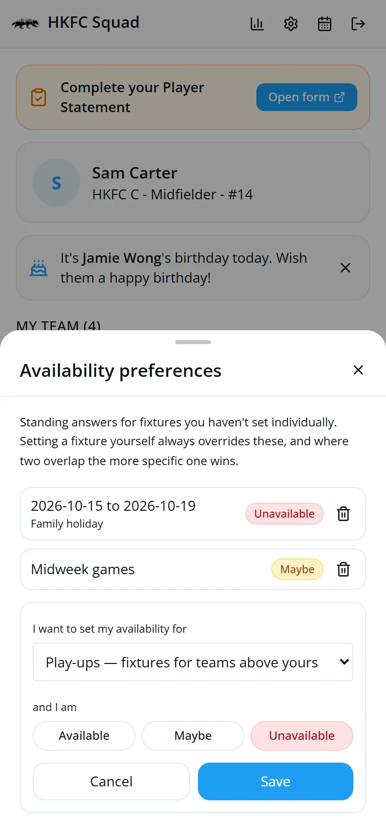 The Availability preferences sheet with a holiday date range, a midweek rule and the add-preference form