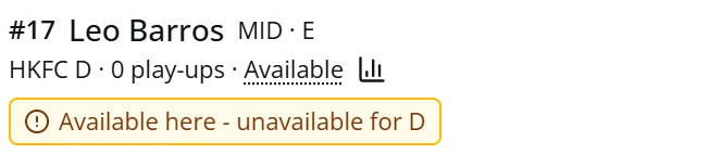 A player row noting Available here, unavailable for D