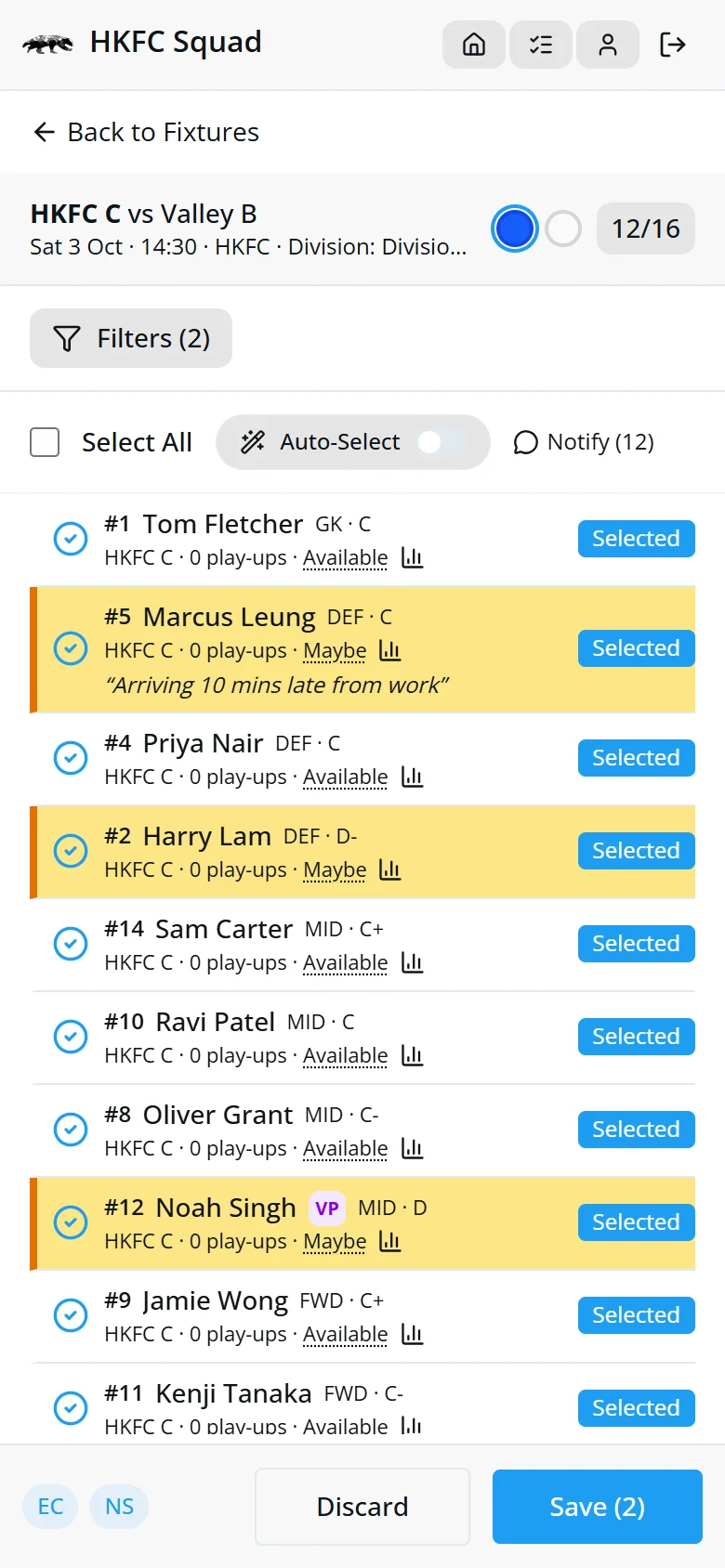 The Discard and Save bar at the bottom after selecting two more players